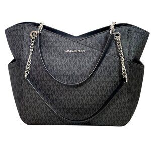 Michael Kors Jet Set Large Chain Shoulder Tote Bag Black Signature Logo